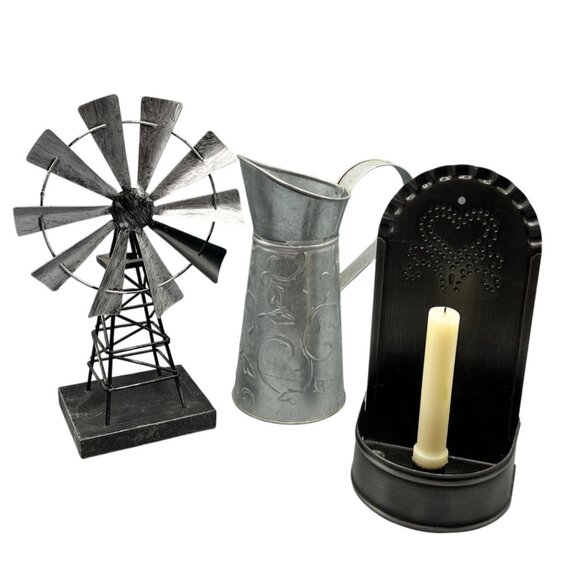3 Metal Midwest Country Decor Tin Punch Candle Holder Galvanize Pitcher Windmill - Picture 1 of 16